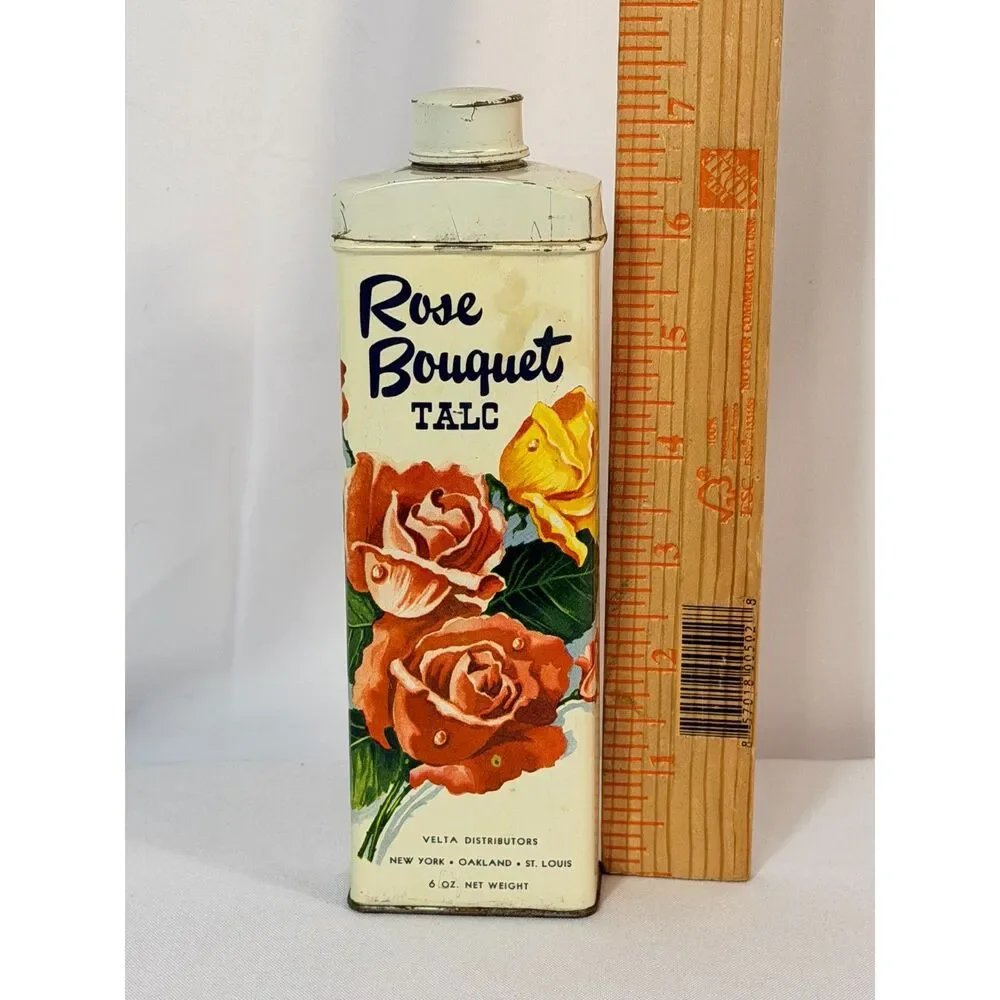 VTG Rose Bouquet Talc Metal Canister with Lid Roses Floral Boudoir 1940s 1950s